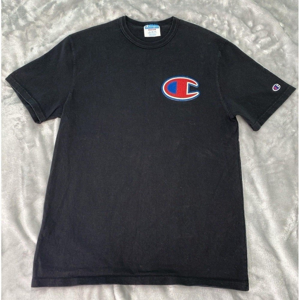 Champion Big Chenille C Logo Patch T-Shirt Men's Medium Black Streetwear Casual